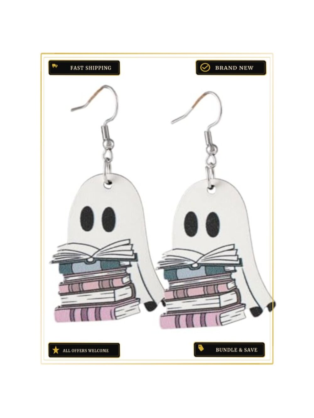 Wood Ghost Dangle Earrings Alloy French Wire Drop Halloween Costume Party